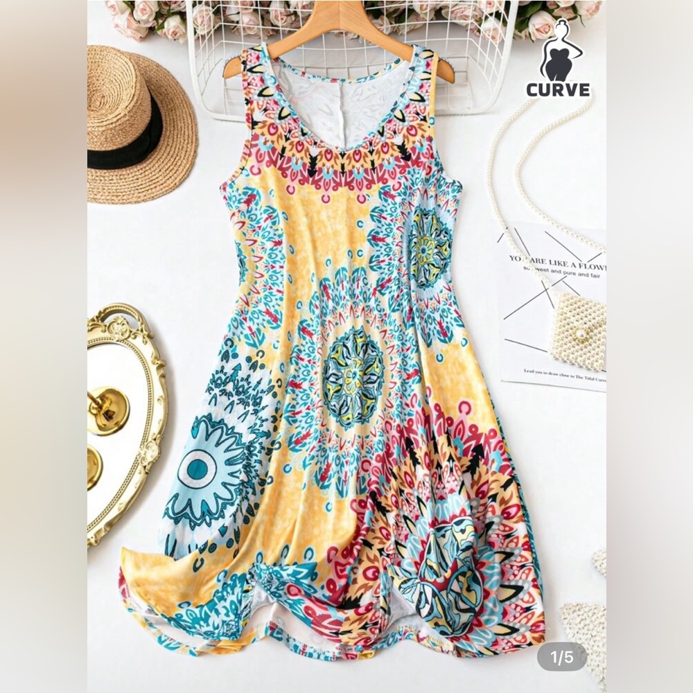 SHEIN Yellow and Multicolor Midi Dress